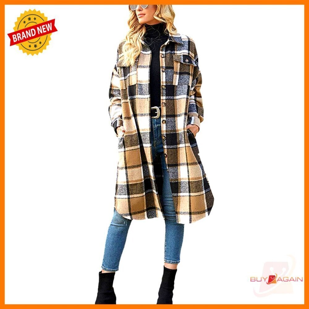 Oversized Wool Blend Shacket Coat Tartan Plaid Lapel Button Up Casual Chic